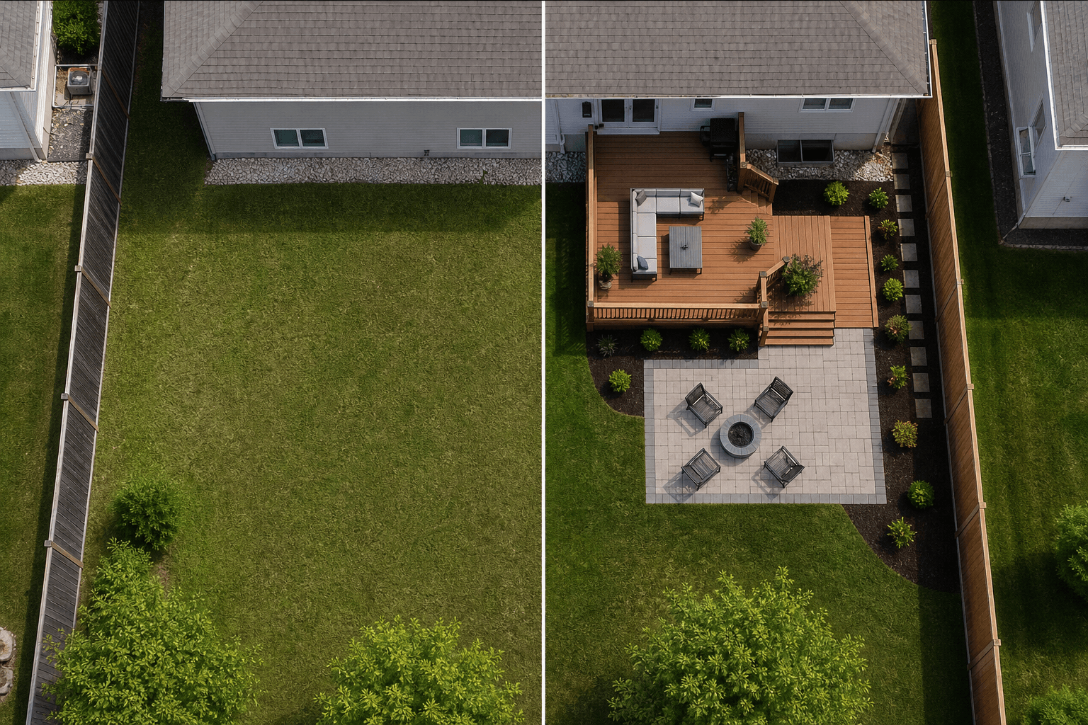 Before and after aerial photo of a backyard deck and patio build