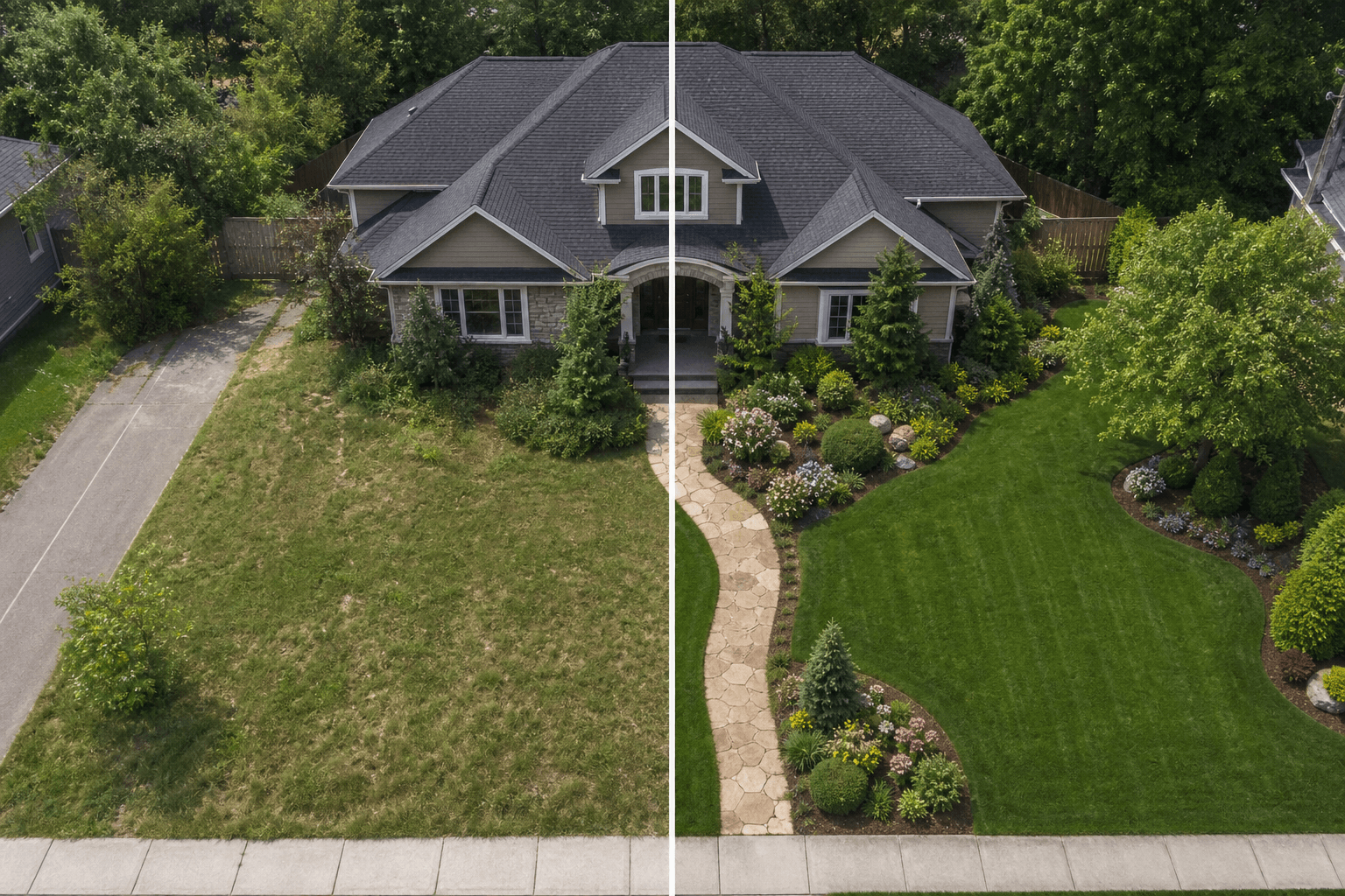 Before and after aerial photo of front yard landscaping
