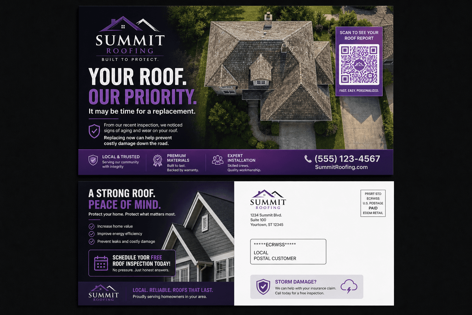 Personalized roofing contractor postcard with satellite photo and QR code