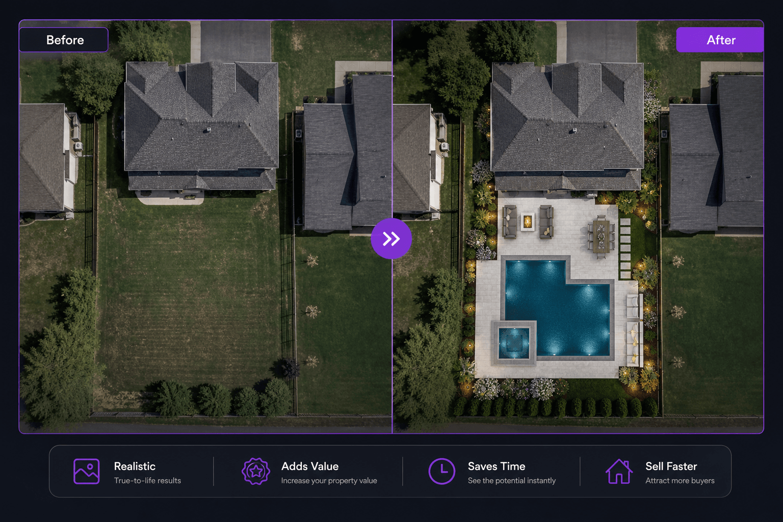 Before and after aerial photo of a backyard pool installation