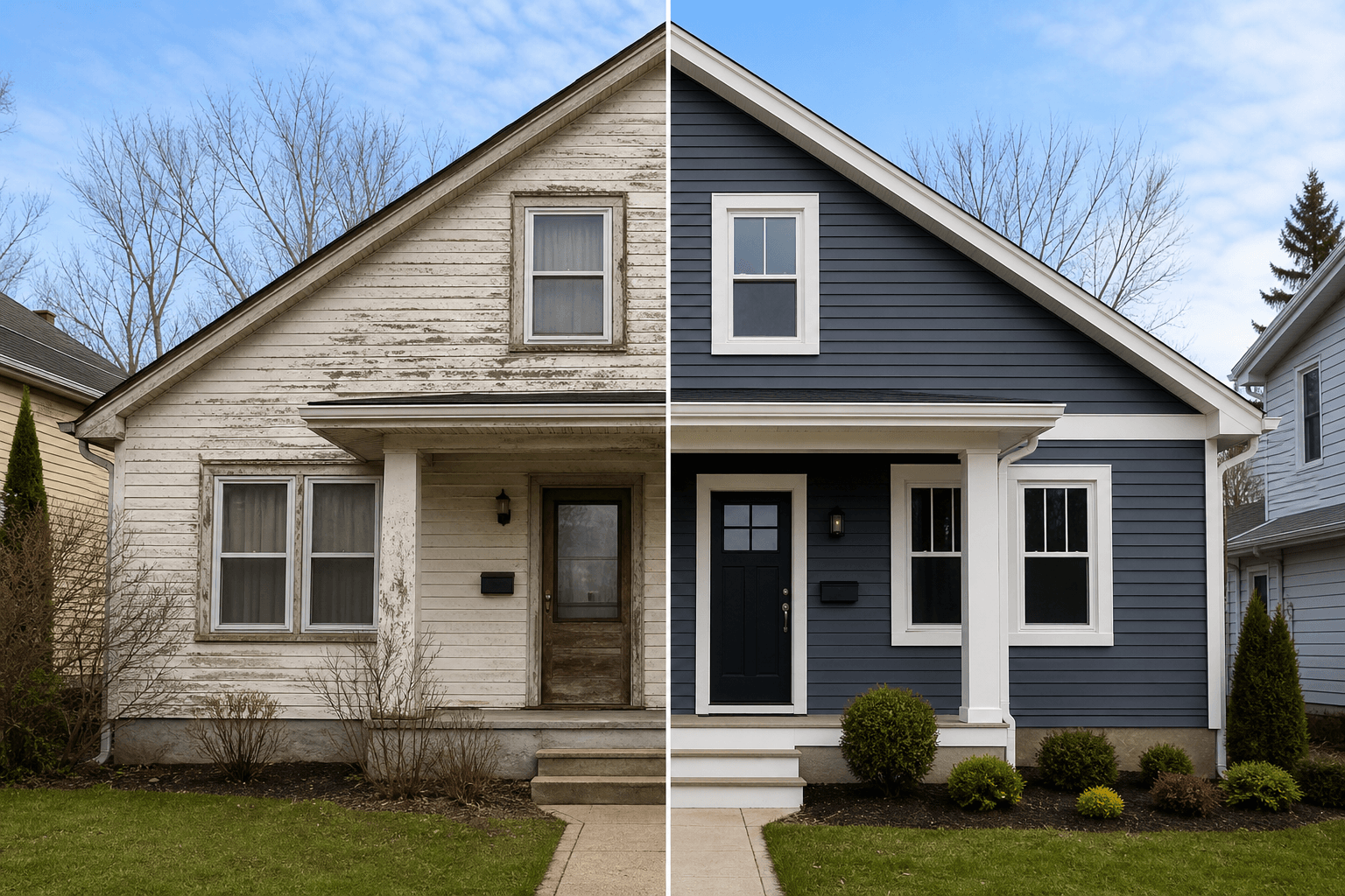 Before and after street-level photo of new home siding
