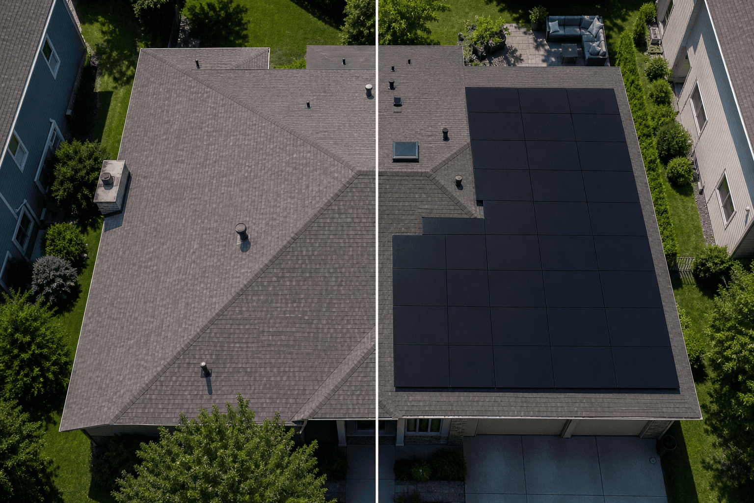 Before and after aerial photo of a rooftop solar panel installation